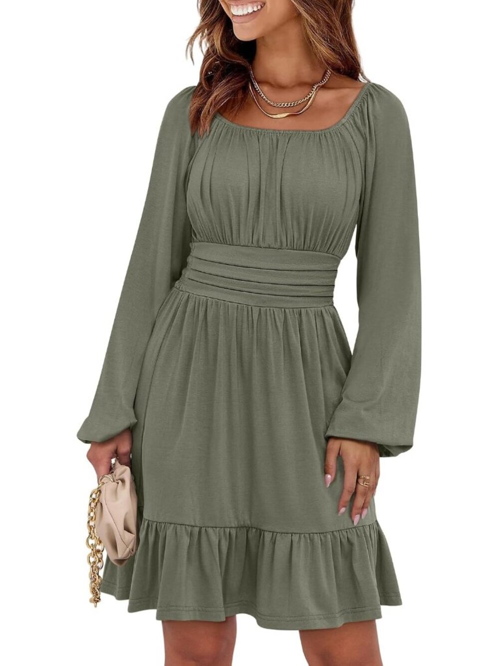 Women's Army Green Lantern Sleeve Square Neck Elastic Waist A-Line Short Dresses